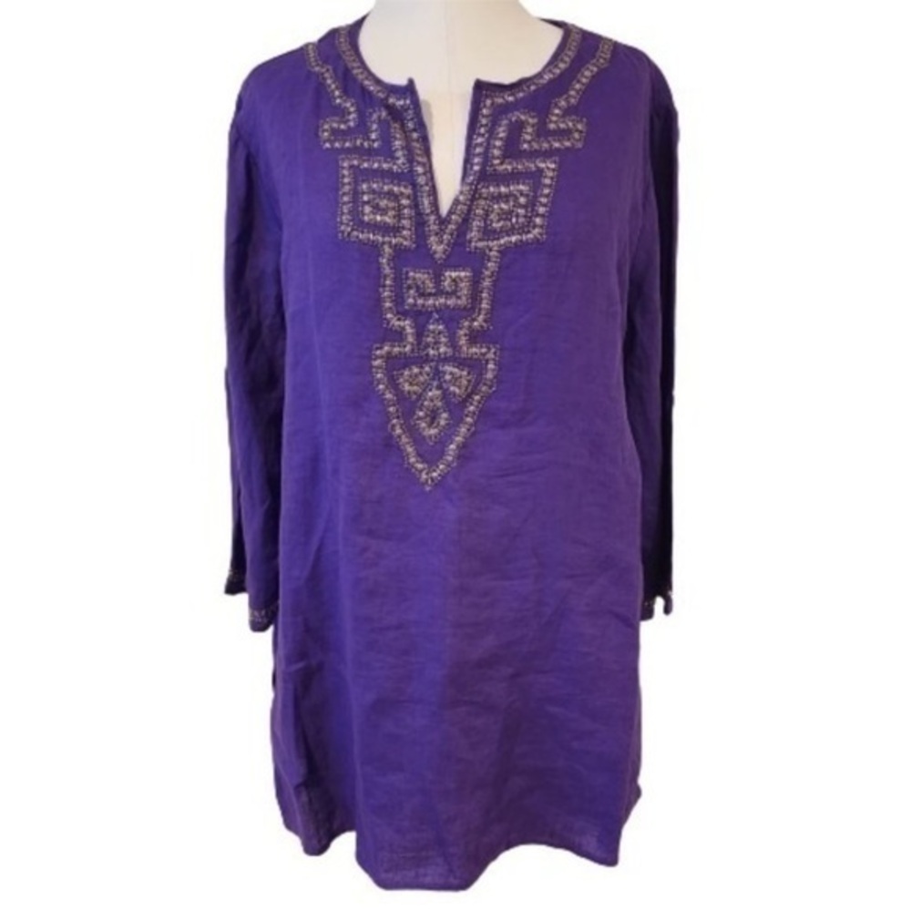 Chico’s Purple Splendor Kiera Linen Beaded Tunic Top 0/XS/4